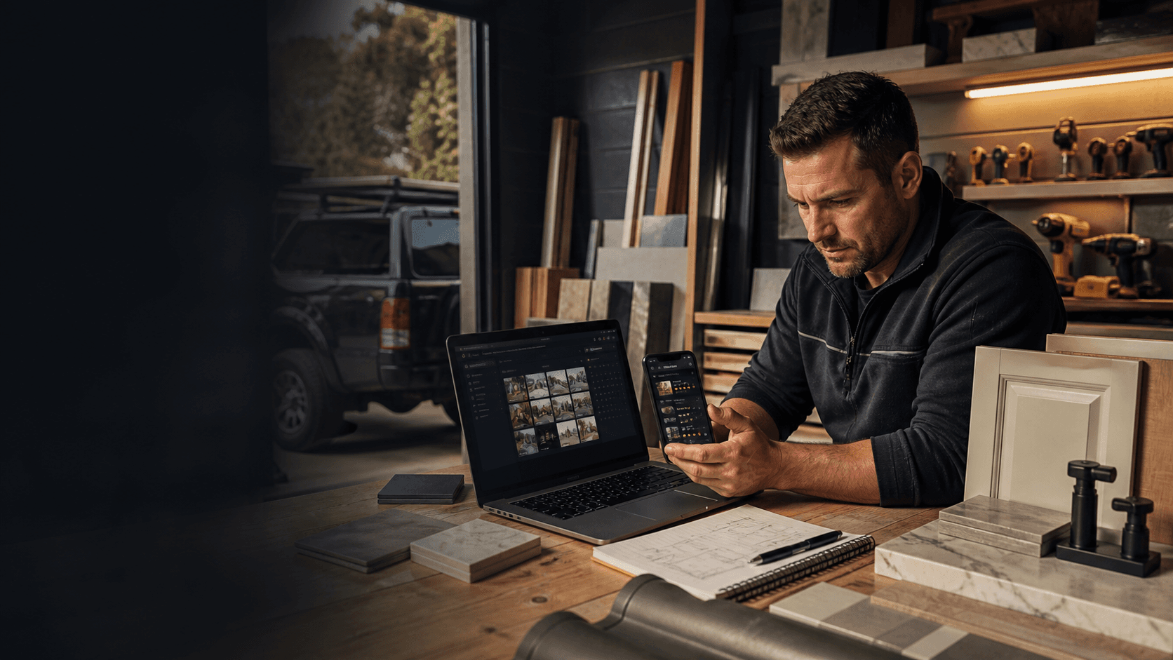 Contractor reviewing marketing, website and review growth system