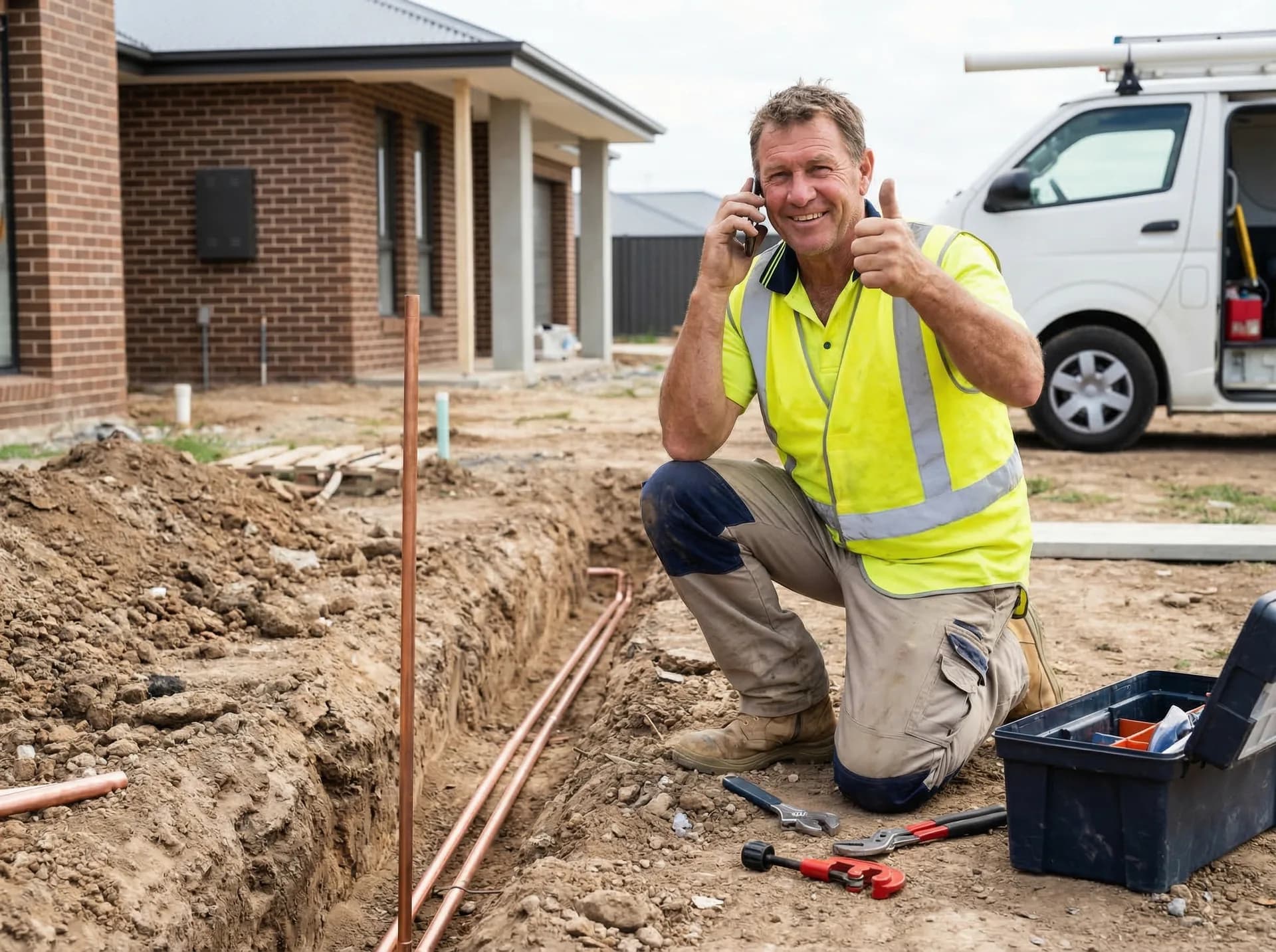 Plumber checking a website enquiry from a phone on site
