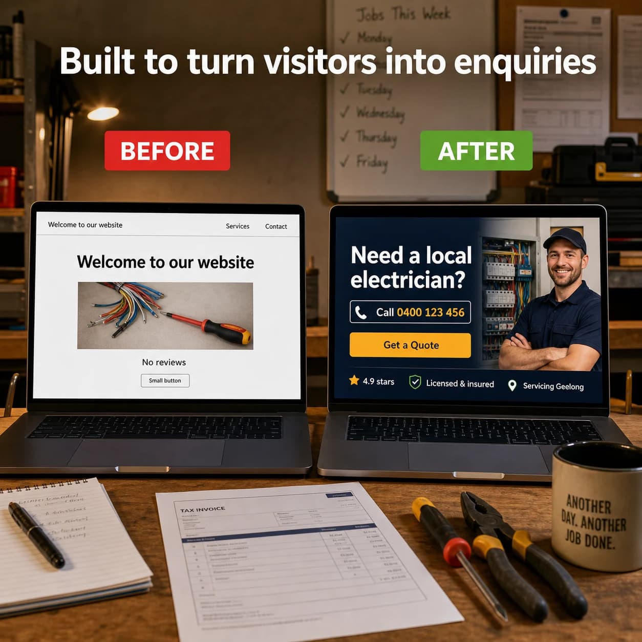 Before and after laptop screens showing a weak trade website and a high converting trade website