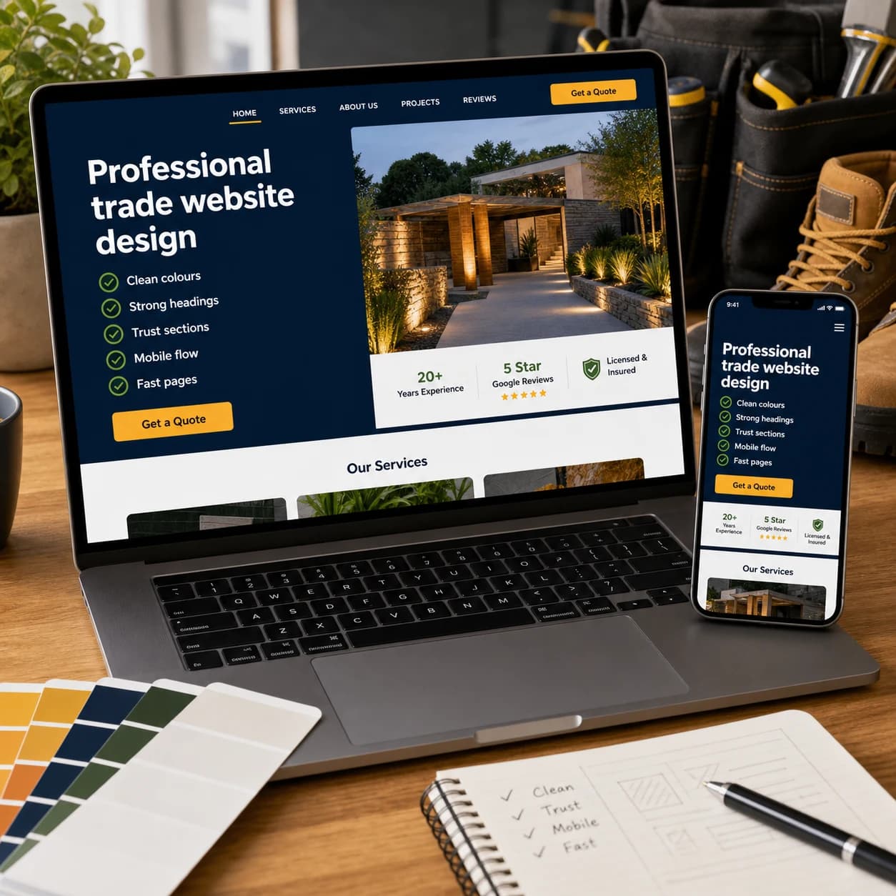 Laptop and phone showing a professional trade website design with clean colours and mobile layout