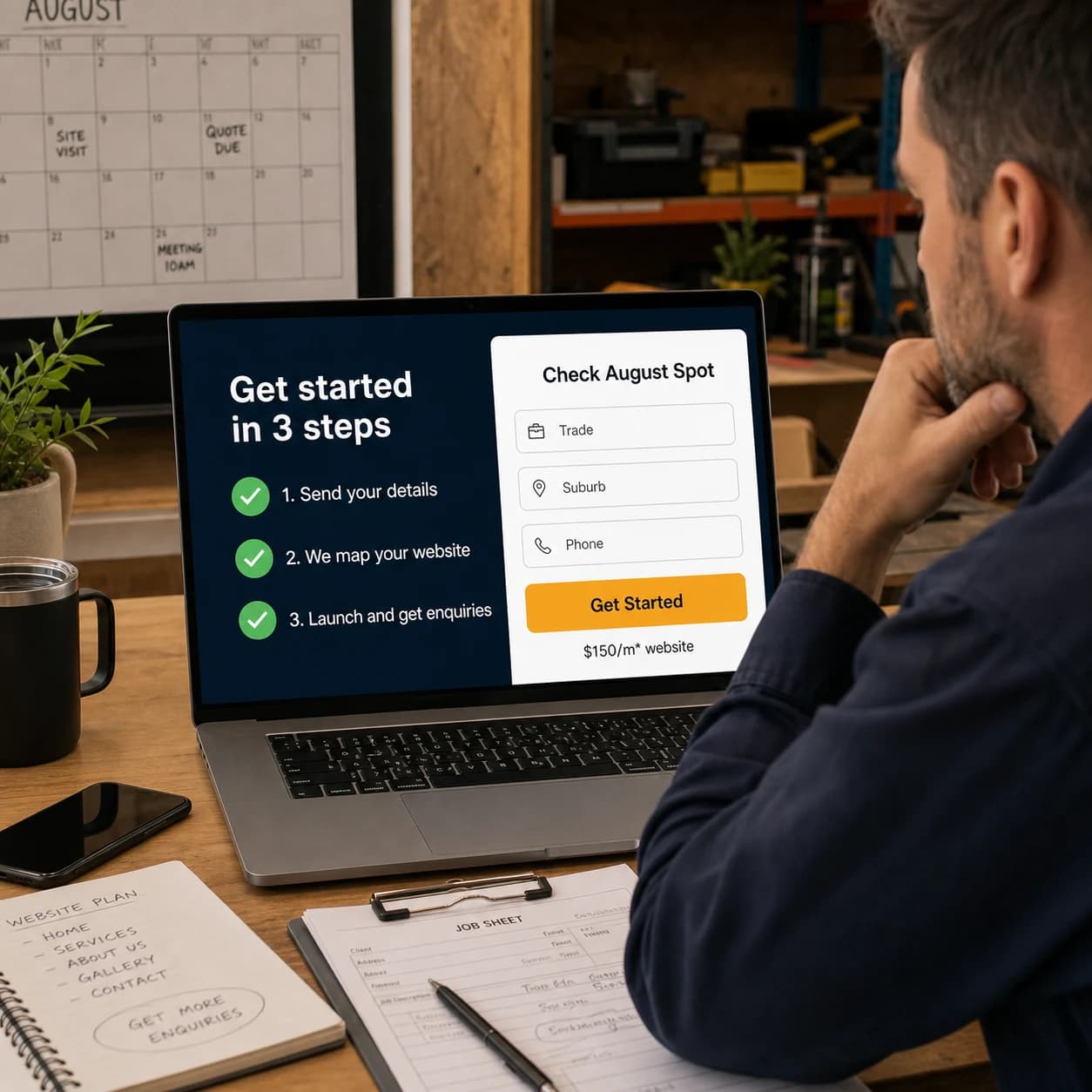 Laptop showing the three step process to get started with a tradie website