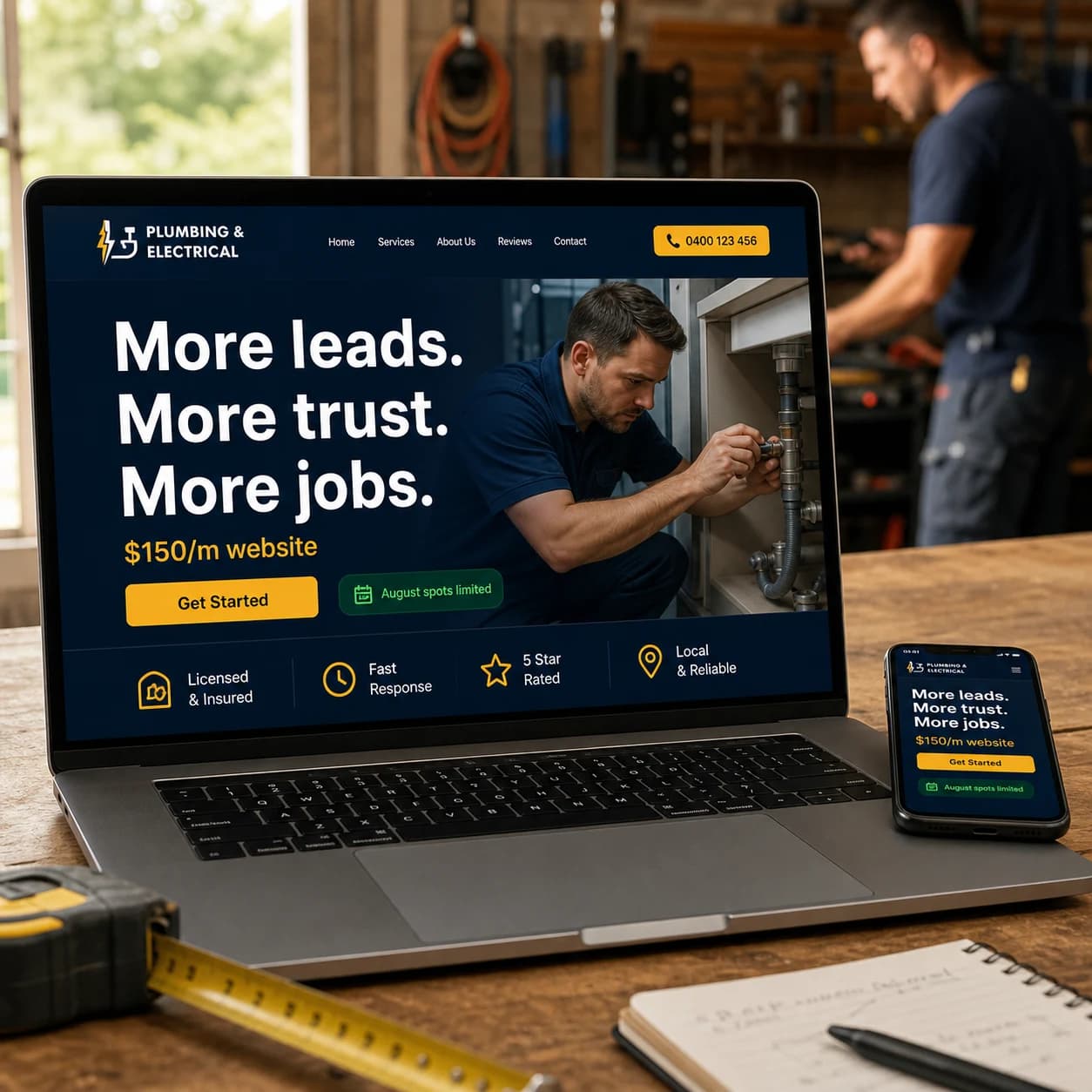 Laptop showing a trade website offer for more leads, trust and jobs from $150 per month