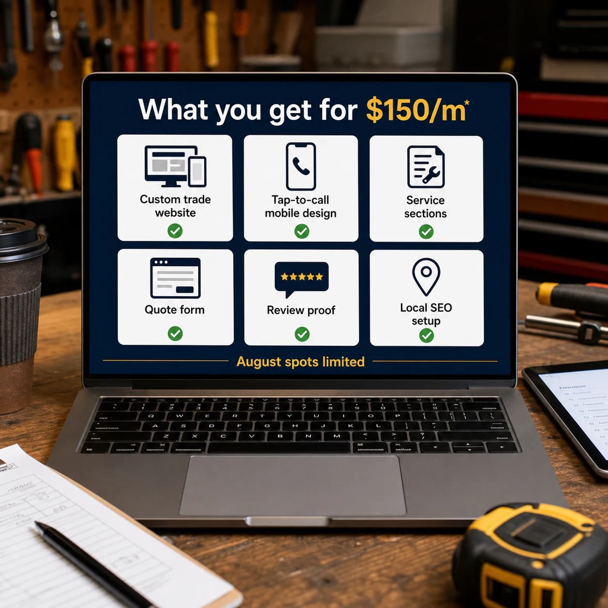 Laptop showing six inclusions in a $150 per month tradie website package