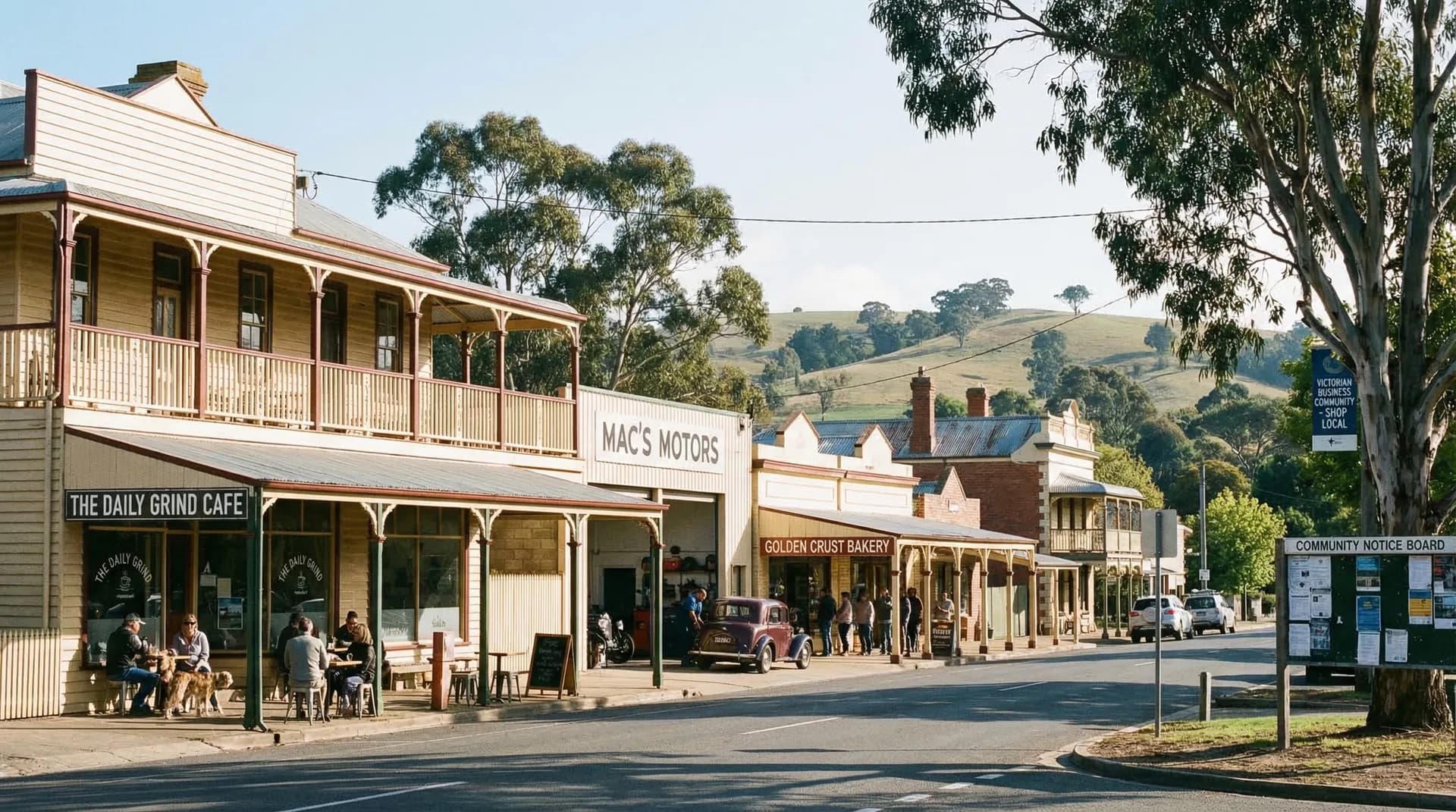 Victorian main street with local businesses