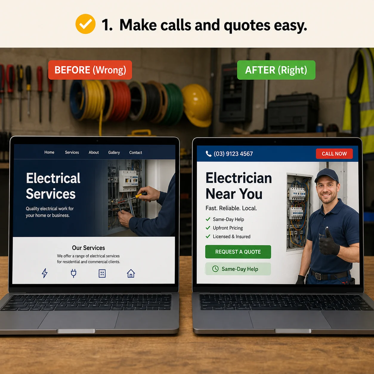 We make calls and quotes easy from the first screen: comparison showing what business owners do wrong and what to do instead