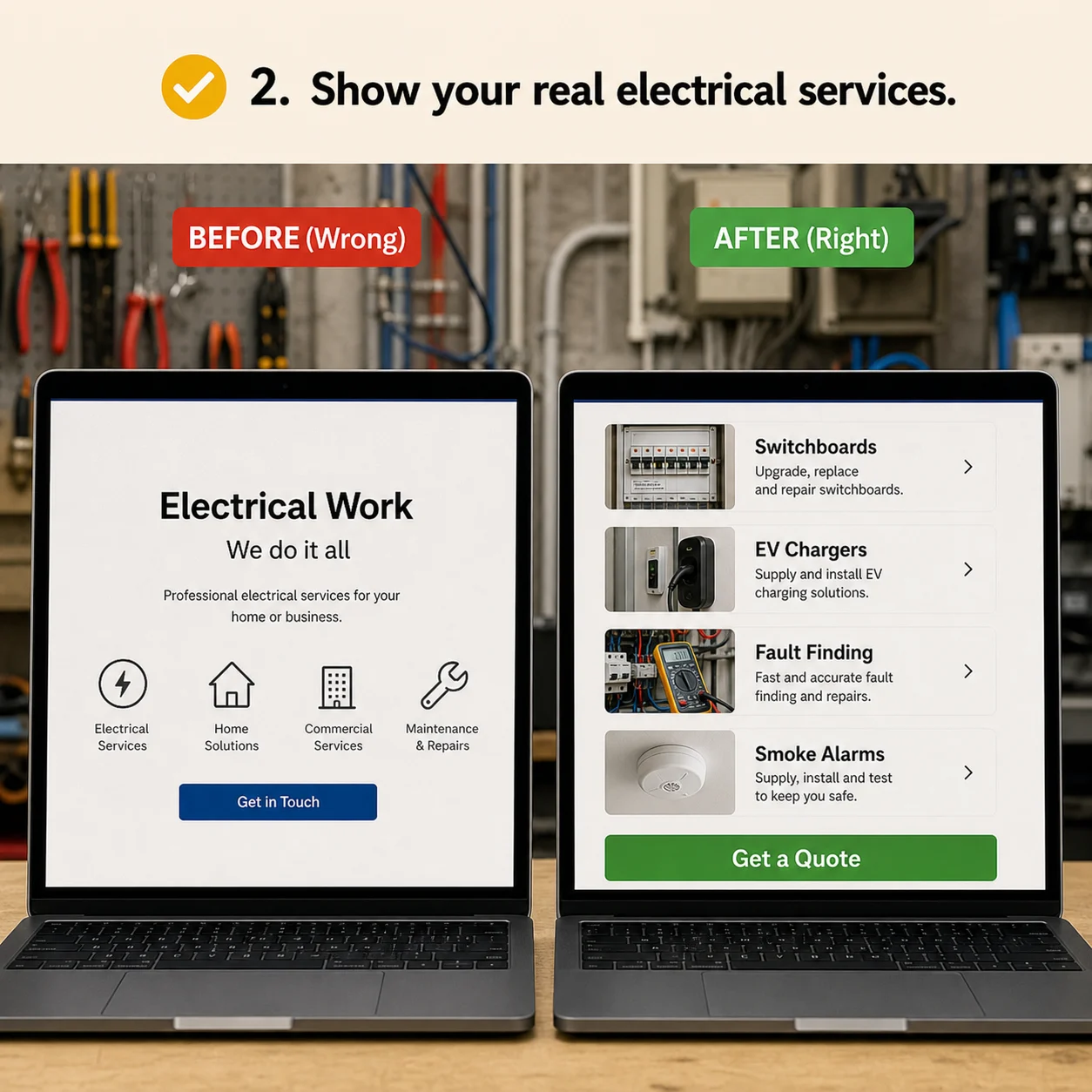We show your real electrical services: comparison showing what business owners do wrong and what to do instead