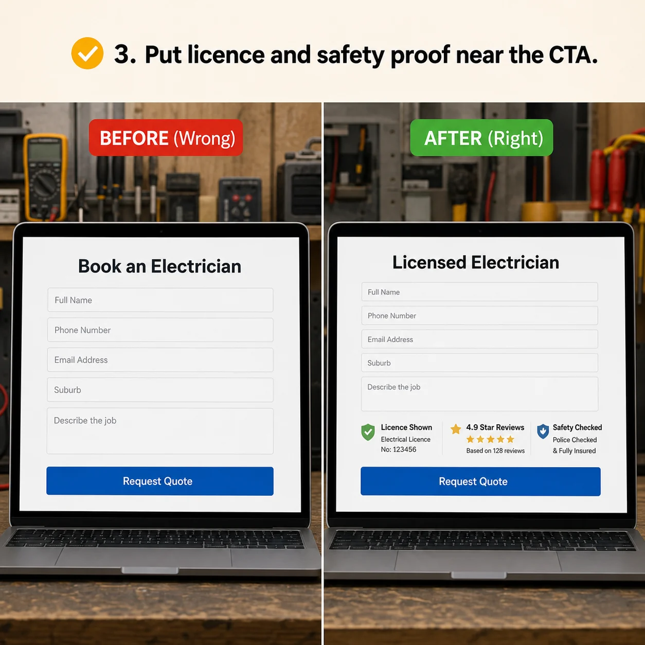 We put licence and safety proof where it matters: comparison showing what business owners do wrong and what to do instead