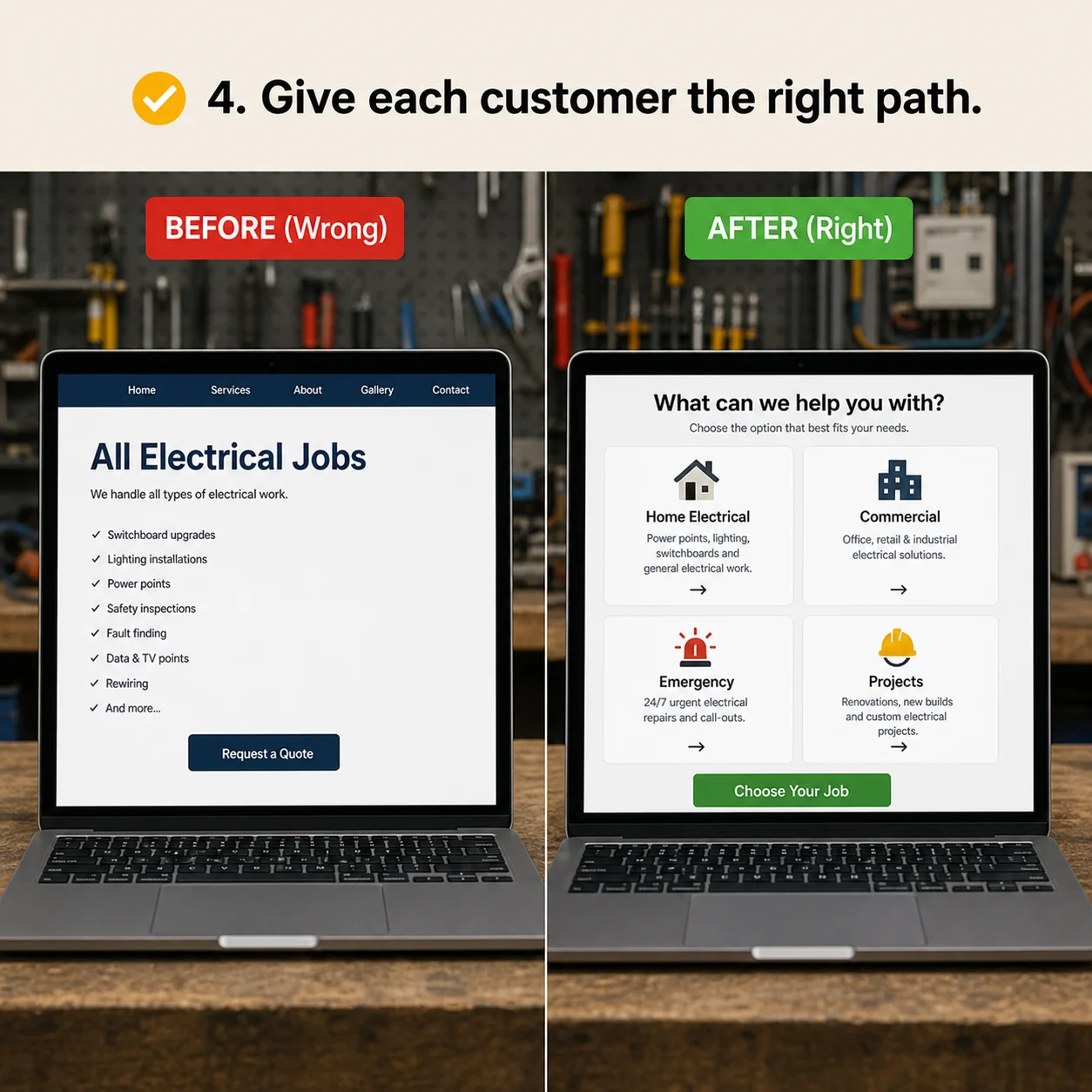 We build separate paths for home and business customers: comparison showing what business owners do wrong and what to do instead