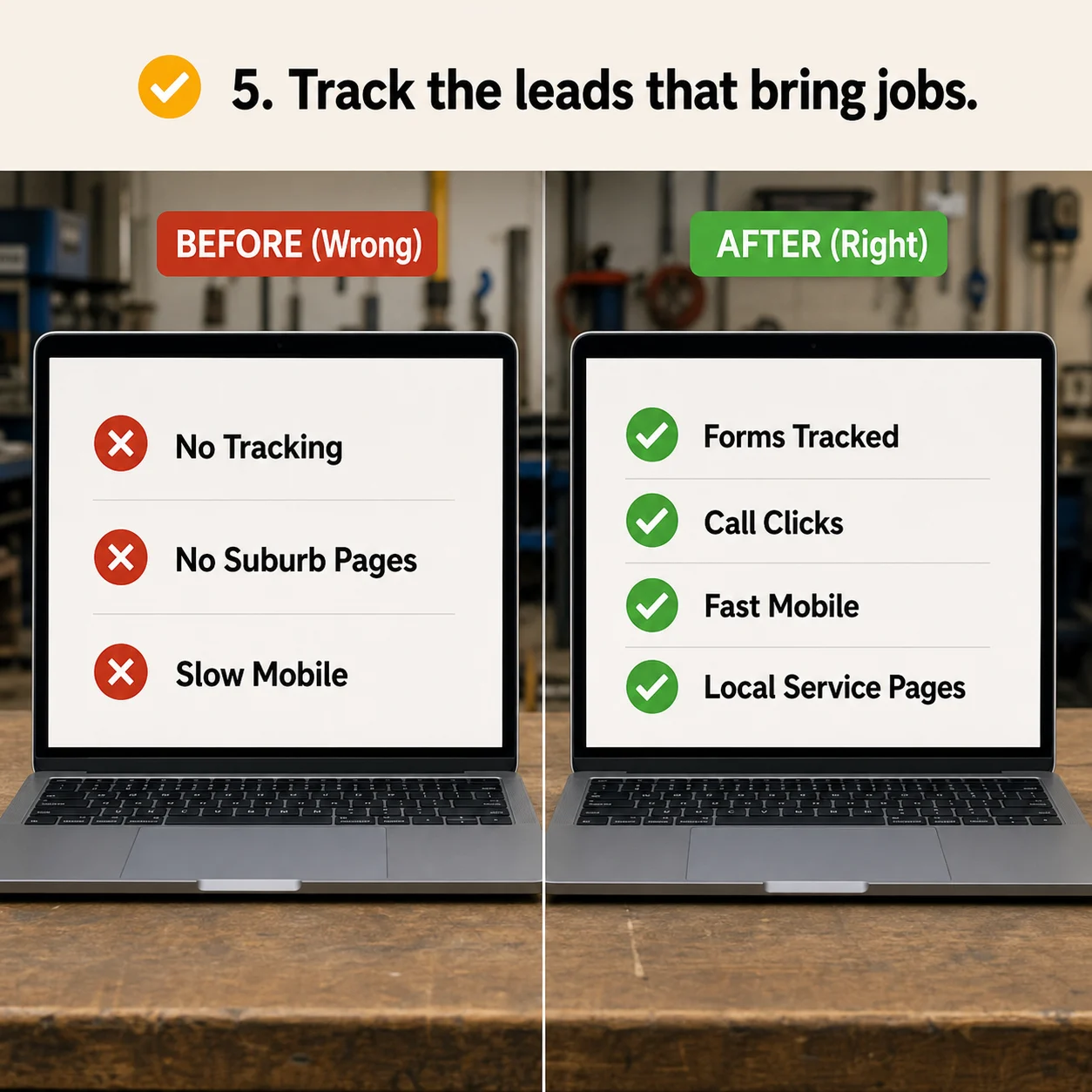 We make the site fast, local, and trackable: comparison showing what business owners do wrong and what to do instead