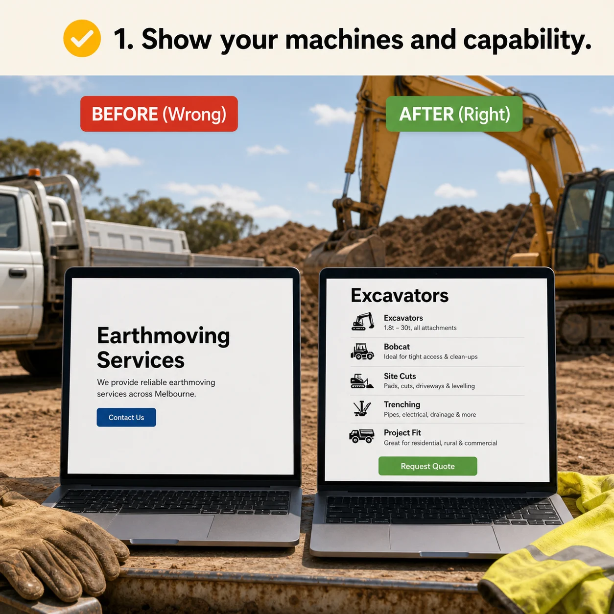 We show your equipment and capabilities clearly: comparison showing what business owners do wrong and what to do instead