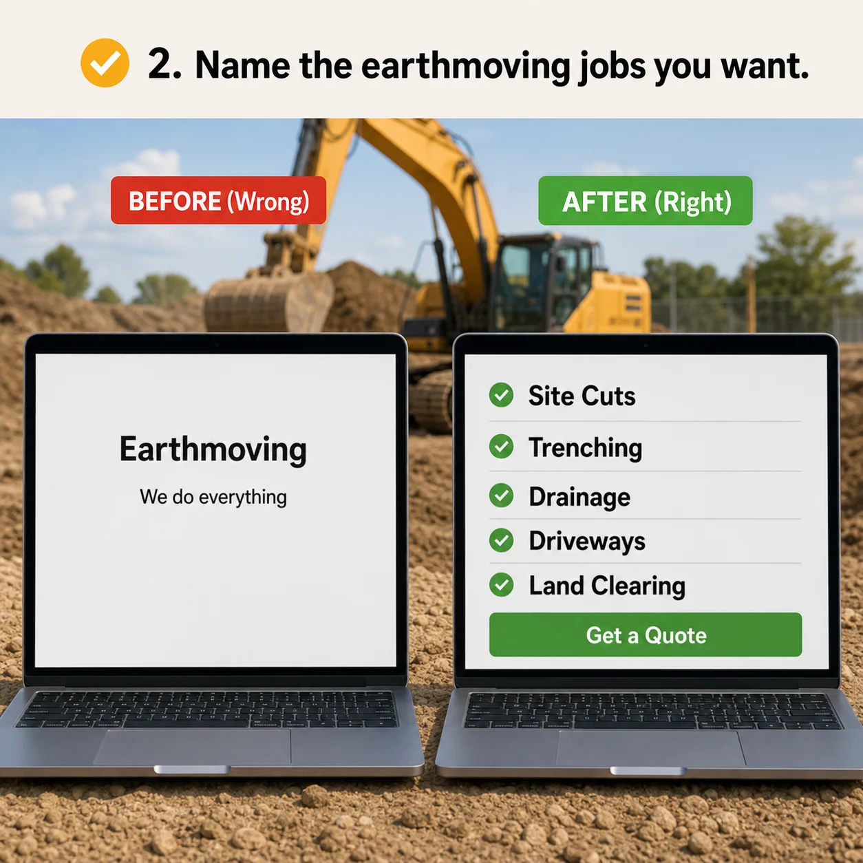 We name the exact earthmoving jobs you want: comparison showing what business owners do wrong and what to do instead
