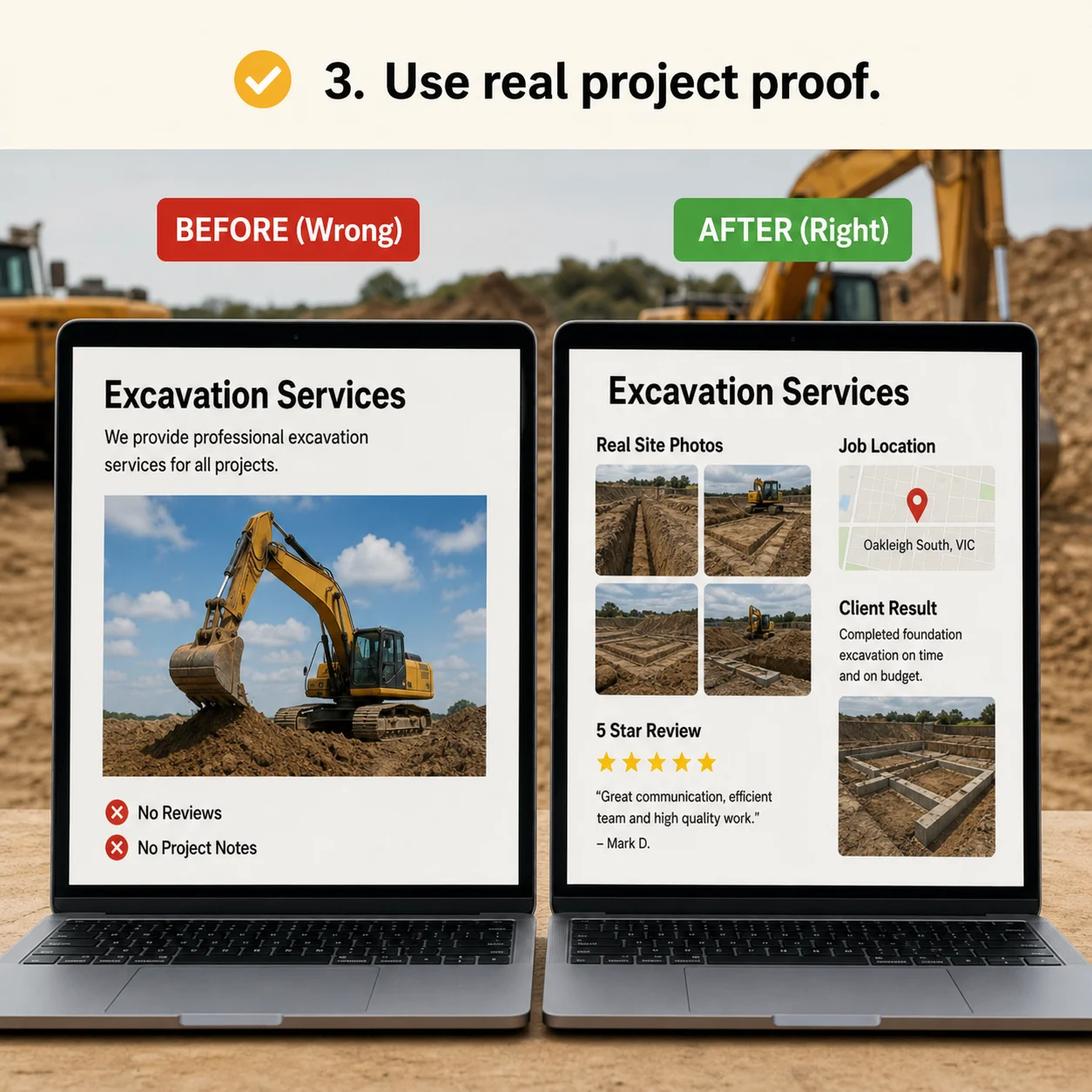 We use real project proof: comparison showing what business owners do wrong and what to do instead