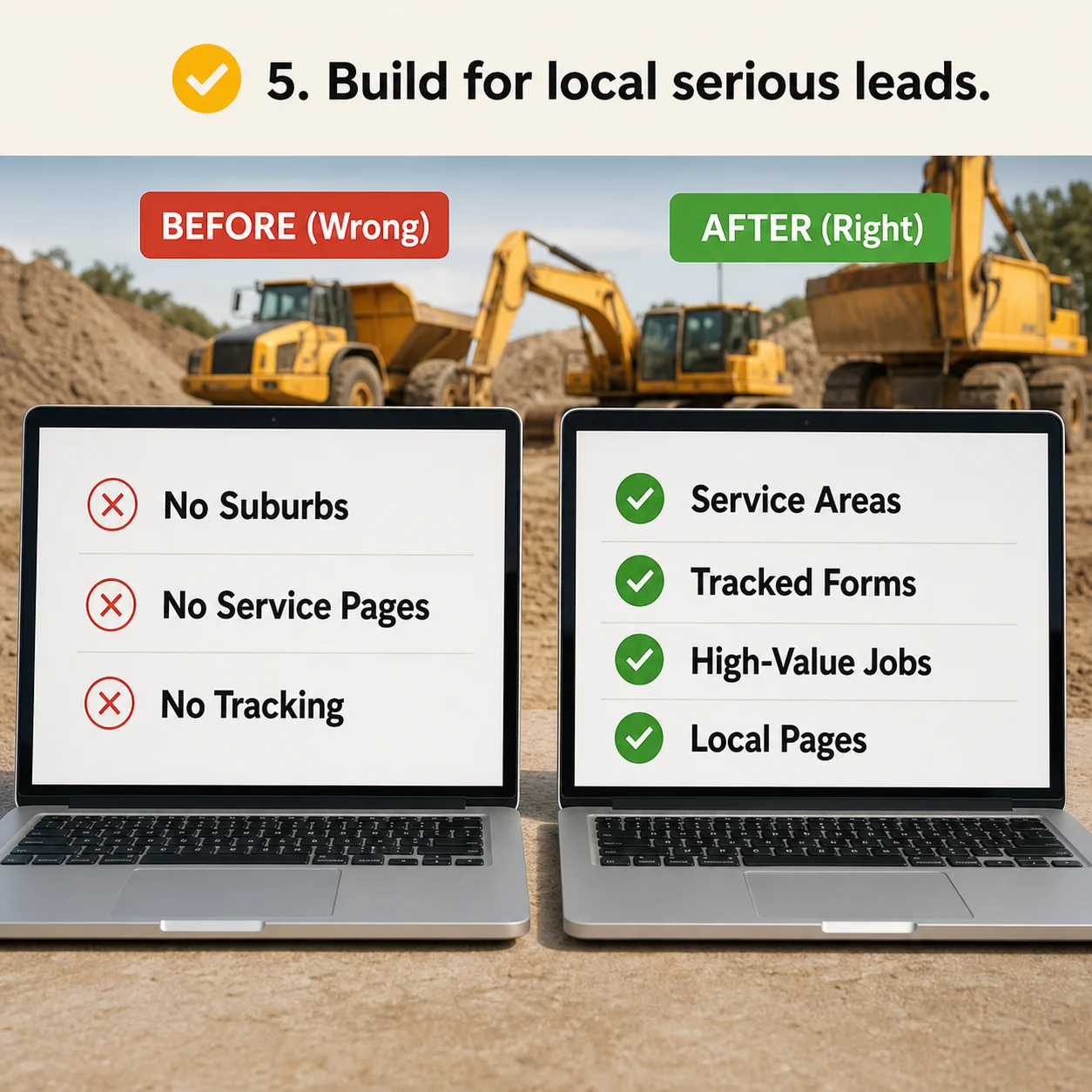 We build for local search and serious leads: comparison showing what business owners do wrong and what to do instead
