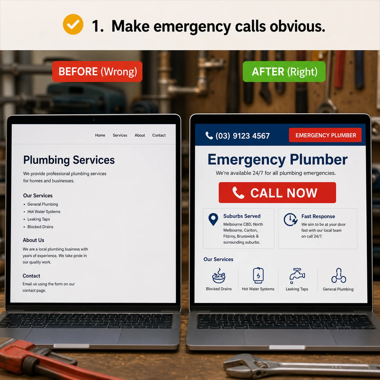 We make emergency calls obvious: comparison showing what business owners do wrong and what to do instead