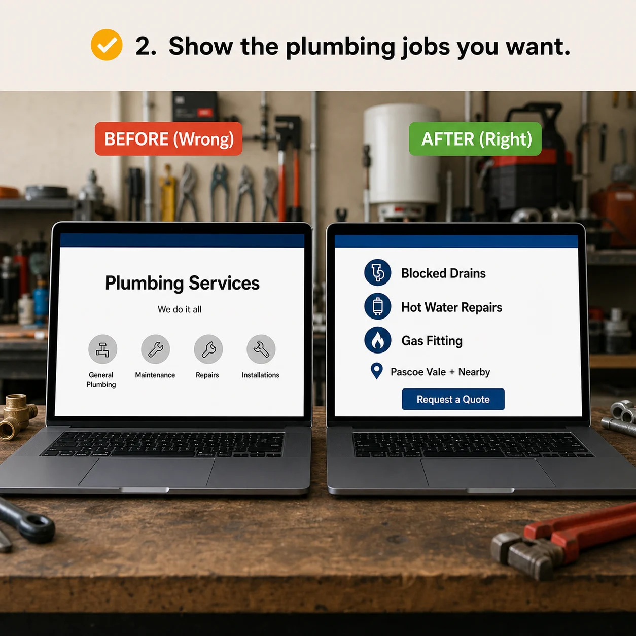 We show the plumbing jobs you want more of: comparison showing what business owners do wrong and what to do instead