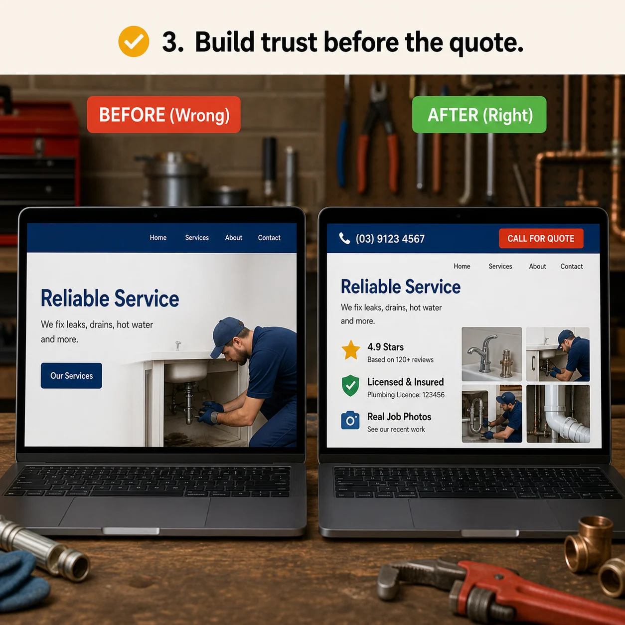 We build trust before the quote request: comparison showing what business owners do wrong and what to do instead