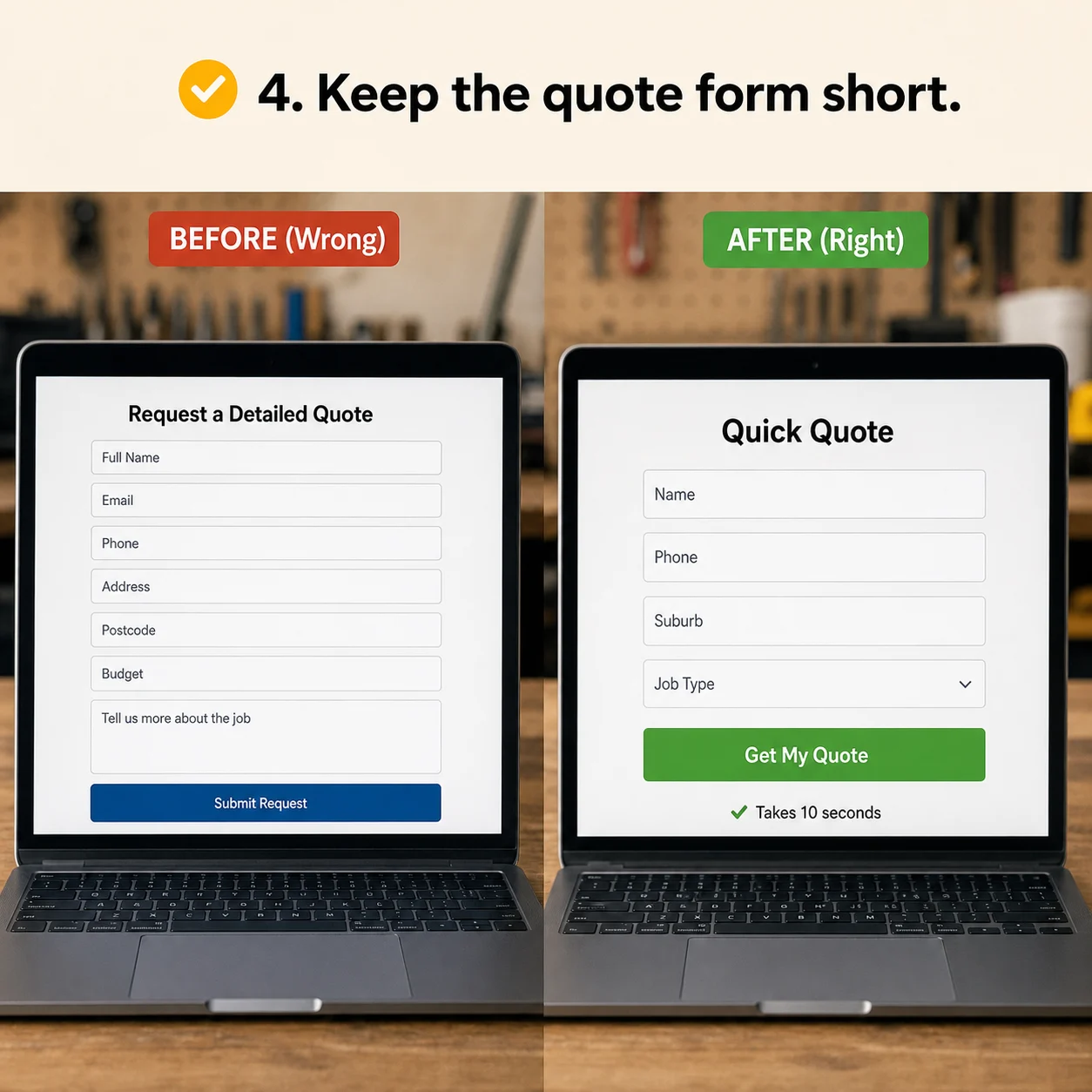 We keep the quote form short: comparison showing what business owners do wrong and what to do instead