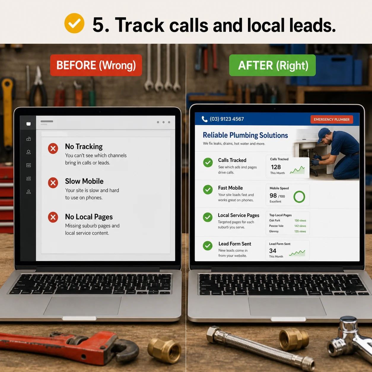We include the basics that help you get found: comparison showing what business owners do wrong and what to do instead