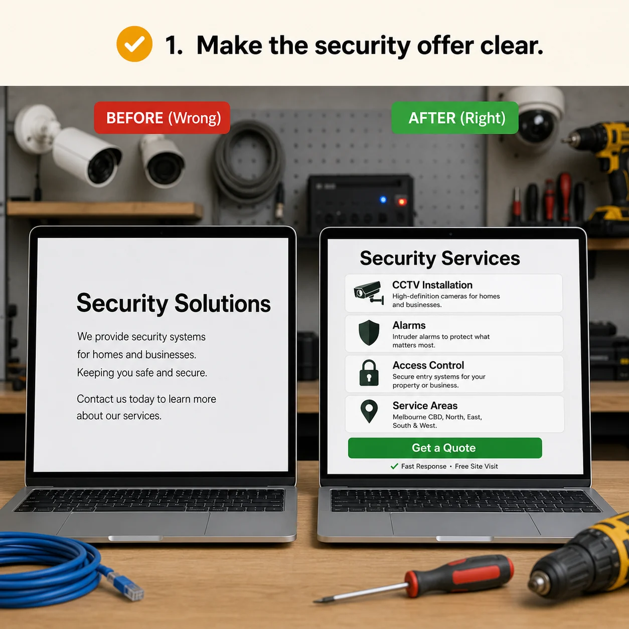 We make the offer clear straight away: comparison showing what business owners do wrong and what to do instead