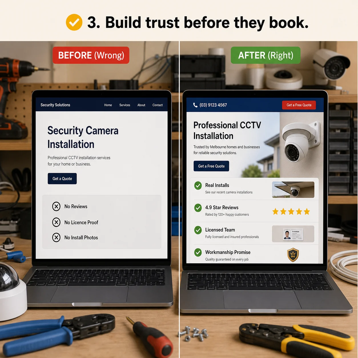 We build trust into the page: comparison showing what business owners do wrong and what to do instead