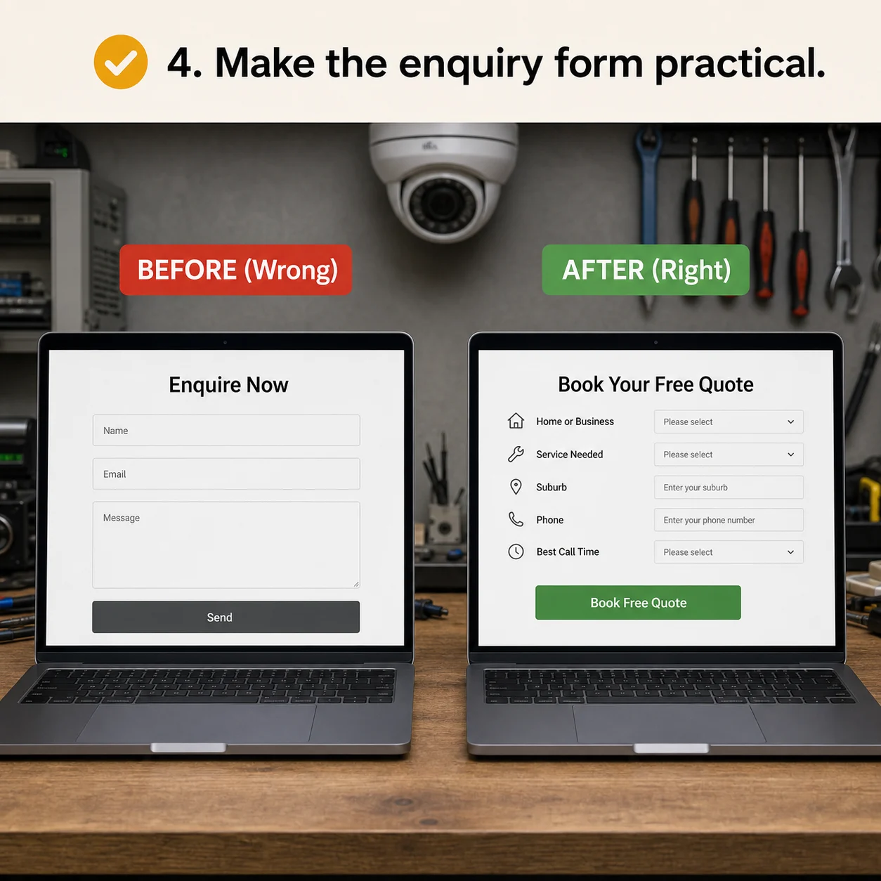 We make the enquiry form practical: comparison showing what business owners do wrong and what to do instead
