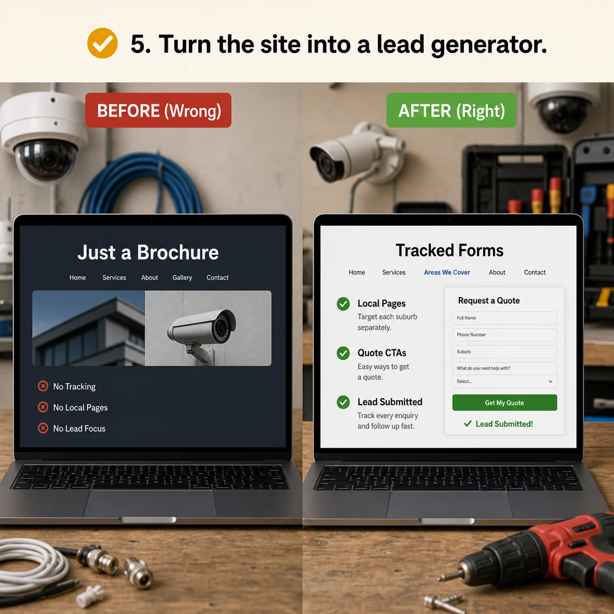 We turn the site into a lead system: comparison showing what business owners do wrong and what to do instead