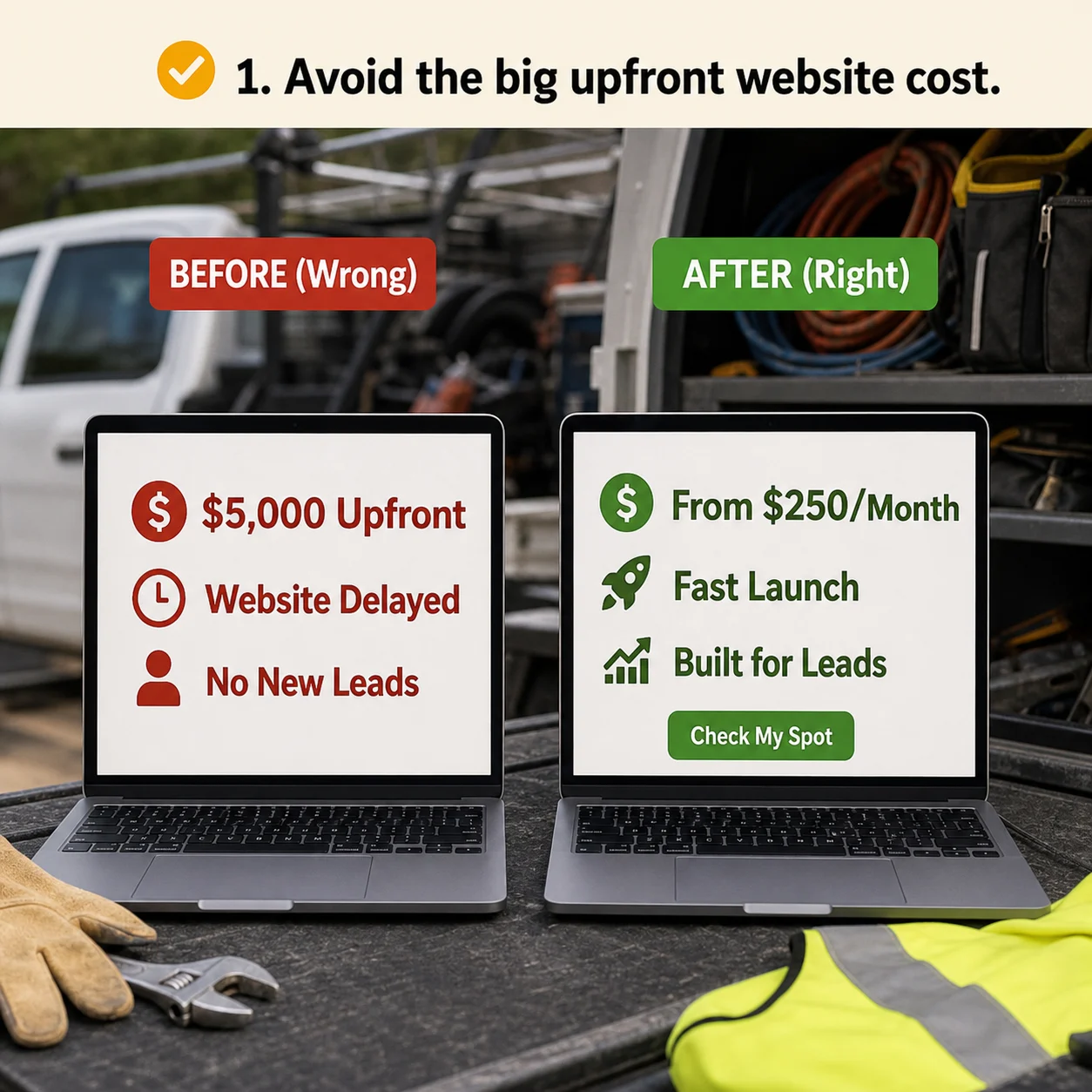 We remove the big upfront website cost: comparison showing what business owners do wrong and what to do instead