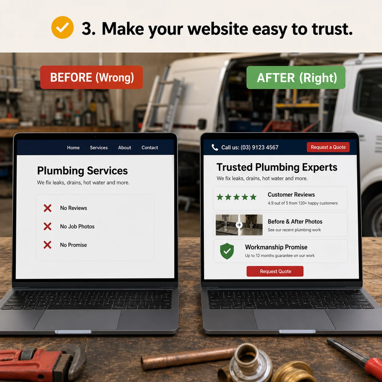We make your website easy to trust: comparison showing what business owners do wrong and what to do instead