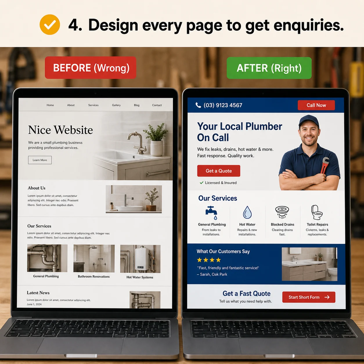 We design every page to get the enquiry: comparison showing what business owners do wrong and what to do instead