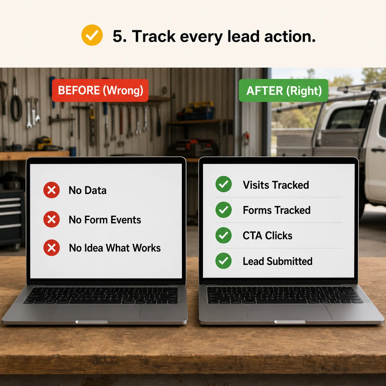 We include tracking so you know what is working: comparison showing what business owners do wrong and what to do instead
